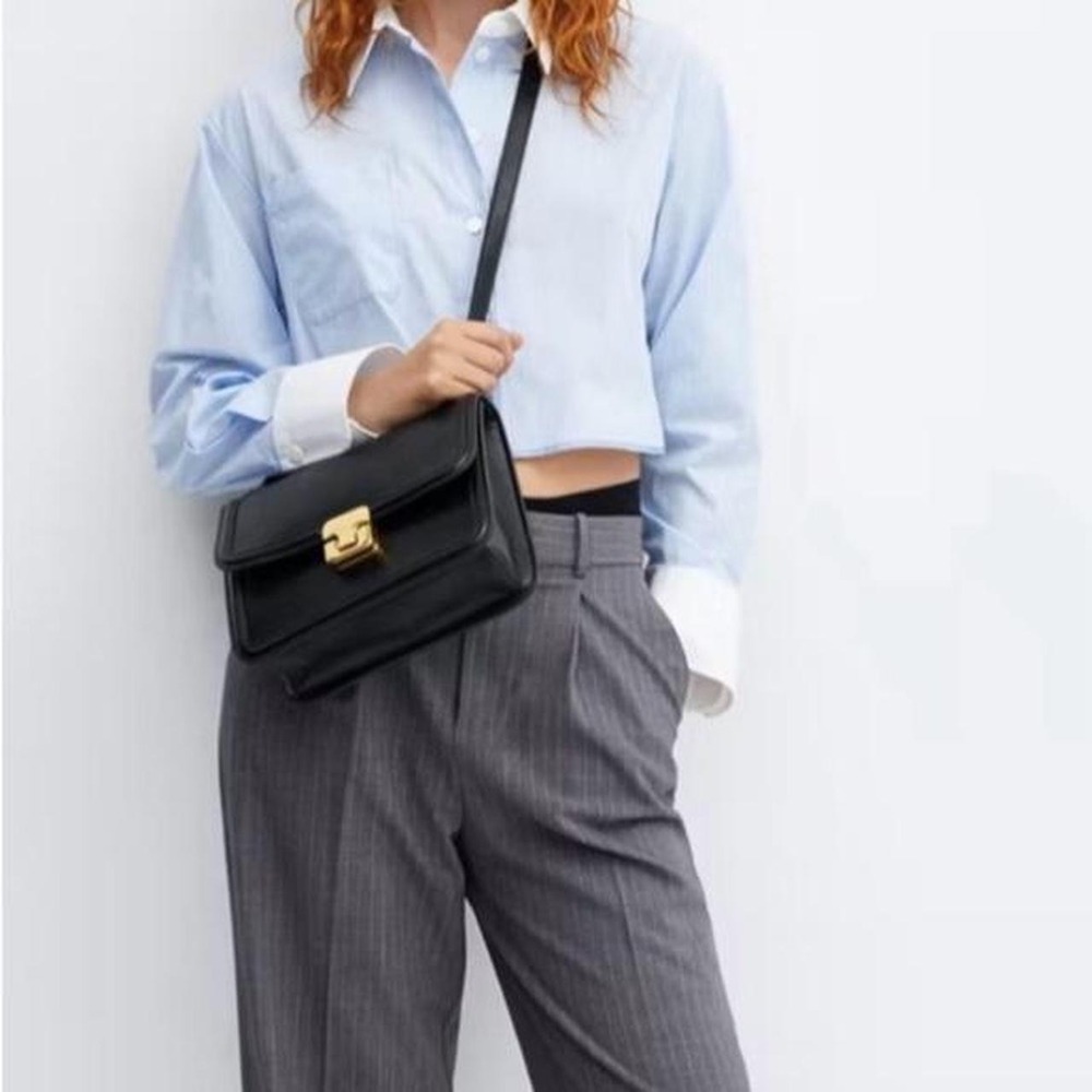 Black leather academia square Crossbody bag silhouette classic sleek gold buckle